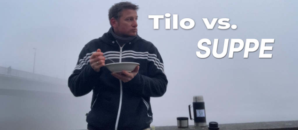 Extremsportler und Sportabenteurer Tilo Koch isst sein Körpergewicht in Minestrone