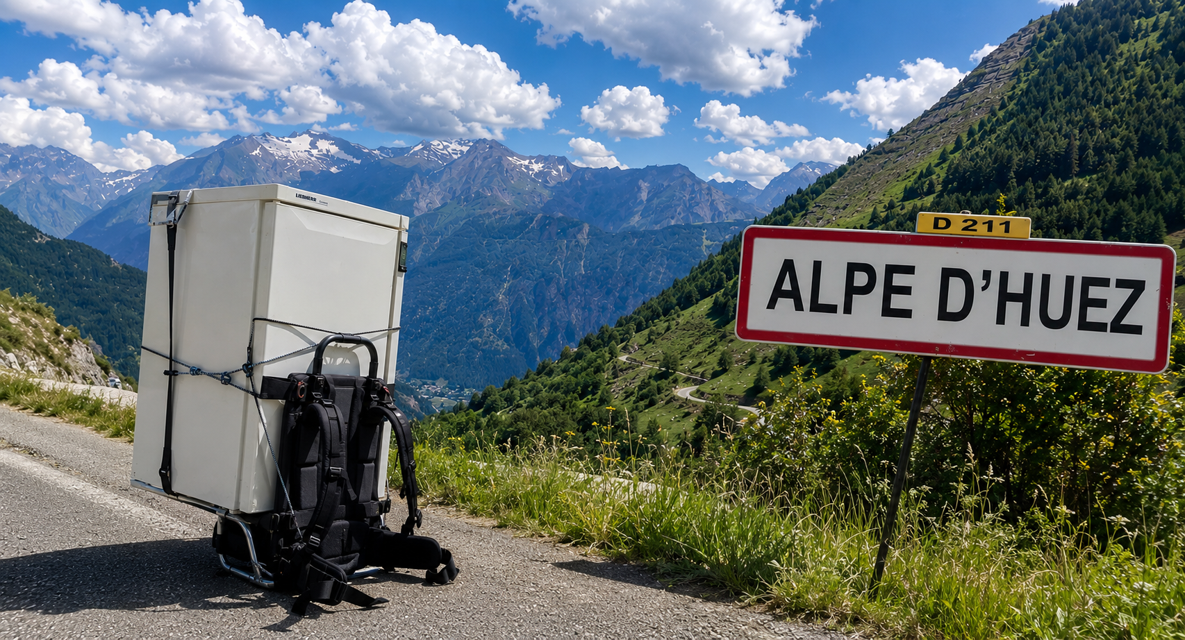Tilo Koch trägt einen Kühlschrank nach Alpe d´Huez hoch. Tilo vs. Fridge