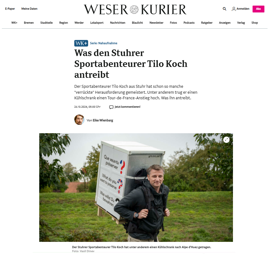 Weser-Kurier-Porträt über Sportabenteurer Tilo Koch: Mit dem Kühlschrank auf den Gipfel, 24./25. Oktober 2026